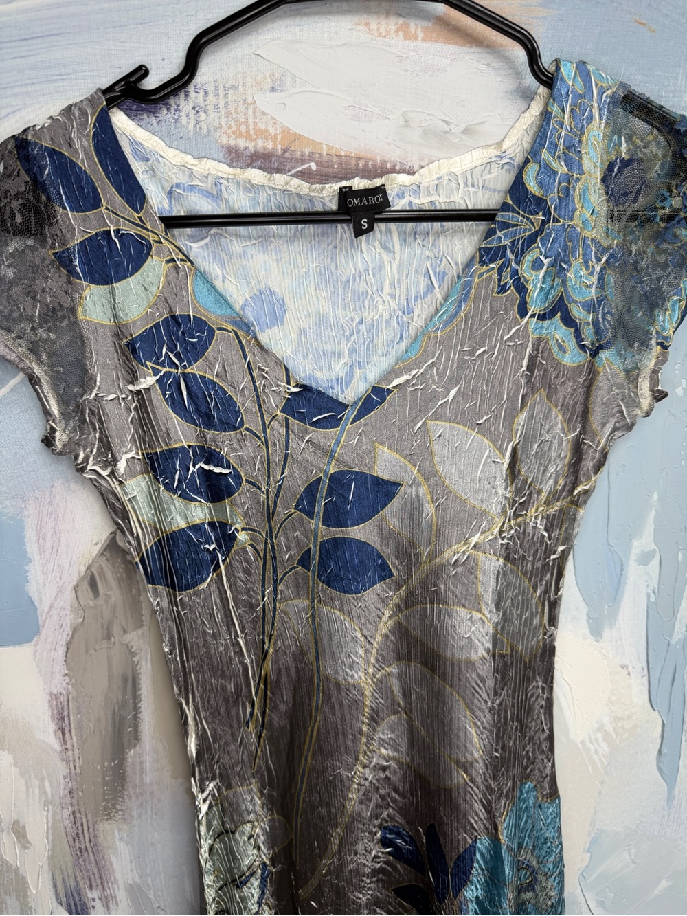 Vintage Komarov Crinkle Floral Pleated Midi Dress Blue Gray Metallic Lace S 1150